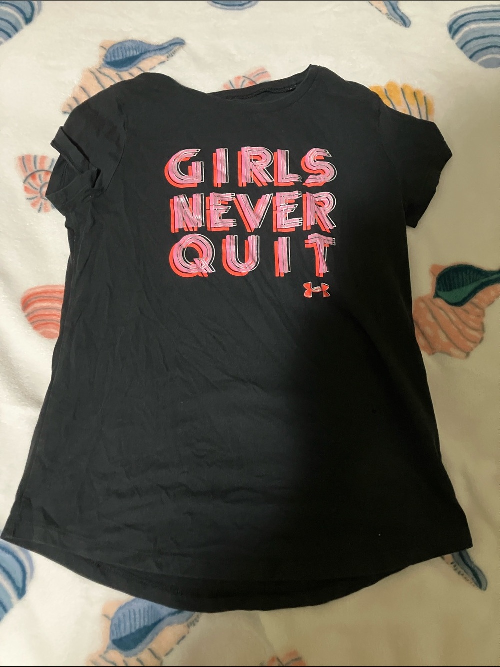 Under Armour Black Tee with Pink Graphic "Girls Never Quit"